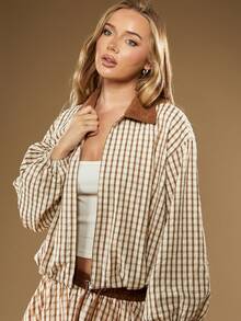 MISSGUIDED Cotton Vintage Style Checked Bomber Jacket With Brown Corduroy Collar Balloon Sleeve Fall Winter Fashion Casual Outerwear Lightweight Classic Retro