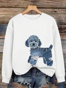 EMERY ROSE Süßer Hund Denim-Muster Damen Große Größen Lässig Sweatshirt - Weiss - Übersicht 1