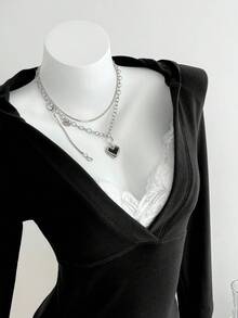 Elamini 女士休闲深V领套头卫衣，修身款，插肩袖 - 黑色 - 查看 5