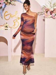 Loomaby Maternity Dresses,Gender Reveal Dress,Maternity Dress,Baby Shower Dress One Shoulder Maternity Dress Pregnancy Photoshoot Dress Maternity Dress Baby Shower - Brown - View 4