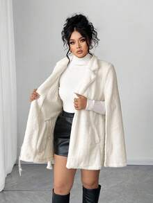 Elenzga 永不过时的古怪优雅系列（忧郁气质）（周三美学）大码女装冬季奢华精致优雅时尚设计感贵族派对金属流苏袖口开衩秋冬带腰带人造毛领外套，圣诞女装 - 白色 - 查看 8