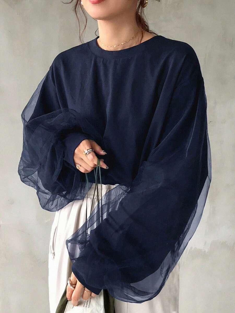 FRIFUL Women's Casual Thickened 2 In 1 Mesh Contrast Sweatshirt, Fall/Winter - Navy Blue - View 1