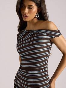 SHEIN BAE Asymmetrical Shoulder Asymmetrical Brown Contrast Striped Drawstring Sexy Mini Dress, Country, Casual And Simple, Going Out, Commuting Leisure, Kululi Butterscotch Color Dress - Brown - View 1