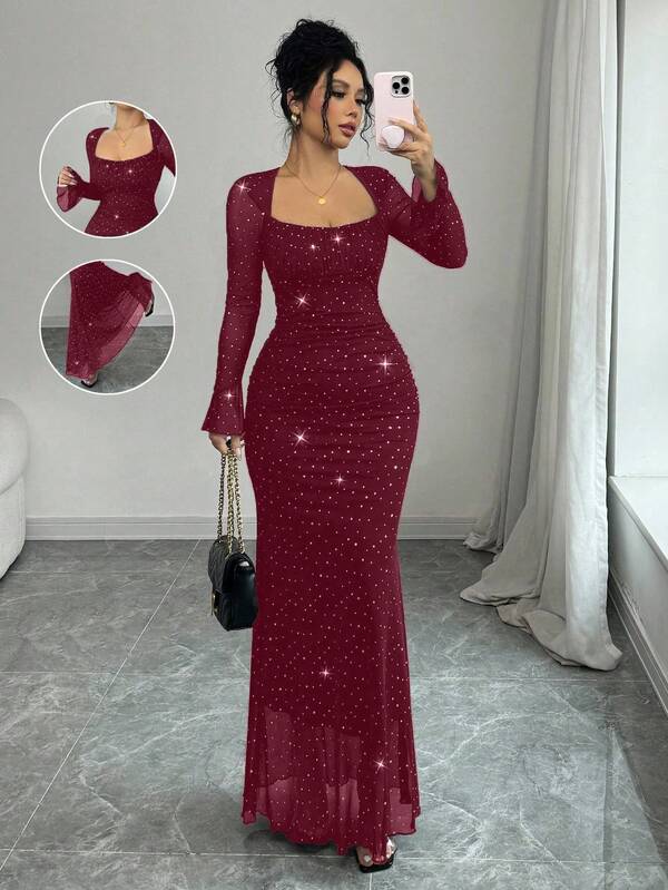 Rafferiza Elegant Party Asymmetric Neck Pleated Front & Side Bodycon Mermaid Hem Long Sleeve Flare Cuff Dress For Women In Black, Autumn/Winter, Jacquard Knit Mesh Fabric With Silver Foil Maxi Women Outfit