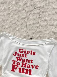 青少年女孩 T 恤休闲红色女孩只想玩得开心比口号白色露肩领文字印花短腰聚拢短袖紧身裤，春夏季，基本款，日常，百搭，运动时尚夏季上衣，返校季，校服