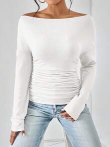 SHEIN Frenchy 女士纯色斜肩长袖褶饰修身休闲T恤 - 白色 - 查看 3