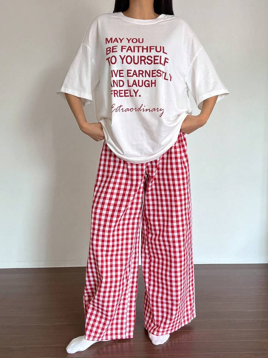 DAZY Letter Graphic Print Decor Loose T-Shirt Top And Checkered Straight Leg Pants Homewear Set Pajama - White - View 1