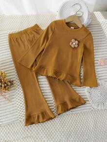 Elladie kids 2pcs/Set Girls Sweet Ribbed 3D Floral Crew Neck Long Sleeve Top And Flare Pants Set Fall Winter