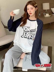DAZY TOM AND JERRY X DAZY 2pcs Loose Cartoon Print Patchwork Raglan Sleeve Women Pajama Set, Fall Winter Clothes