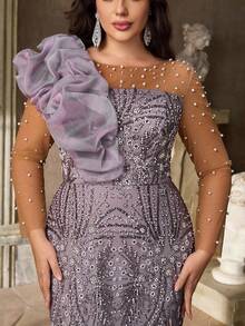 Aureia 加大码优雅奢华紫色圆领透明长袖手工串珠装饰奢华珍珠亮片拼布欧根纱美人鱼裙，适合婚礼宾客、派对、正式场合、宴会 - 淡紫色 - 查看 3