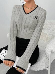 EMERY ROSE Autumn/Winter Fashion Butterfly Embroidery V-Neck Cable Knit Women Pullover Sweater - Light Grey - View 4