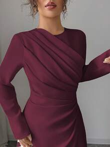 Elenzga Đầm Maxi Tay Dài Cổ Tròn Xếp Ly Eo Cho Nữ, Màu Trơn, Thanh Lịch, Trang Trọng, Công Sở, Đi Làm, Dịp Nghỉ, Tiệc Tùng, Cổ Điển, Phong Cách Trung Đông, Mùa Thu, Màu Vàng Nhạt - Màu Tím - Xem 5