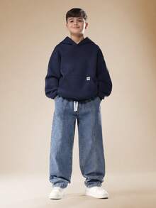 SUMWON 棉质宽松青年牛仔慢跑裤经典街头风弹力踝靴男童休闲裤，腰部抽绳，阔腿设计，适合秋冬 - 藍色 - 查看 3