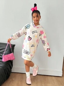 SHEIN 少女休闲宽松舒适字母图案卫衣，中长款，秋冬款 - 米色 - 查看 6