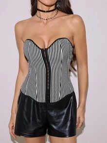 SHEIN Tall 夏季时尚性感条纹前扣吊带背心 - 黑色 - 查看 6