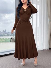 Feyla Twist, Ruched, Metal Decor, Waist Cinched, Long Sleeve, Elegant & Comfortable Party Dress ,Dresses For Women Elegant - Brown - View 4