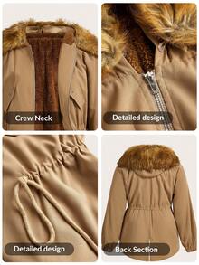 Zelara Herbst Große Größen Damen Einfarbige Raglanärmel Tunnelzug Taille Flauschige Kapuzenjacke, Fliegerjacke, Thermofutter, warm und bequem, Rückenschlitz Design Halloween Kostüme Teddy Jacke Damen Schicke Bomberjacke - Braun - Übersicht 3