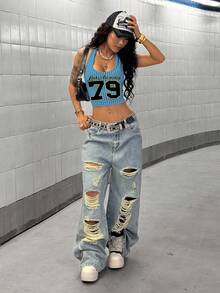 StreetHx Women's English Text & Striped Print Street Style Tank Top - Blue - View 4