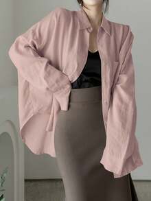 DAZY Women's Classic Solid Color Oversized Collar Shirt,Fall Clothes Long Sleeve Top - Dusty Pink - View 4