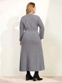 Momelise 全新女式法式圆领束腰优雅麻花针织长袖连衣裙 - 灰色 - 查看 2