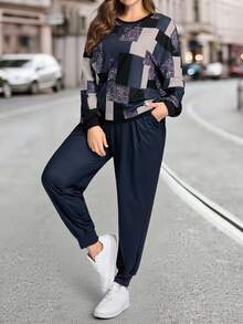 EMERY ROSE Plus Size Casual Color Block Round Neck Long Sleeve Top And Pants 2 Pieces Set,Navy Blue,Autumn,Smart Casual,Everyday Winter Christmas Lounge Outfit - Multicolor - View 1
