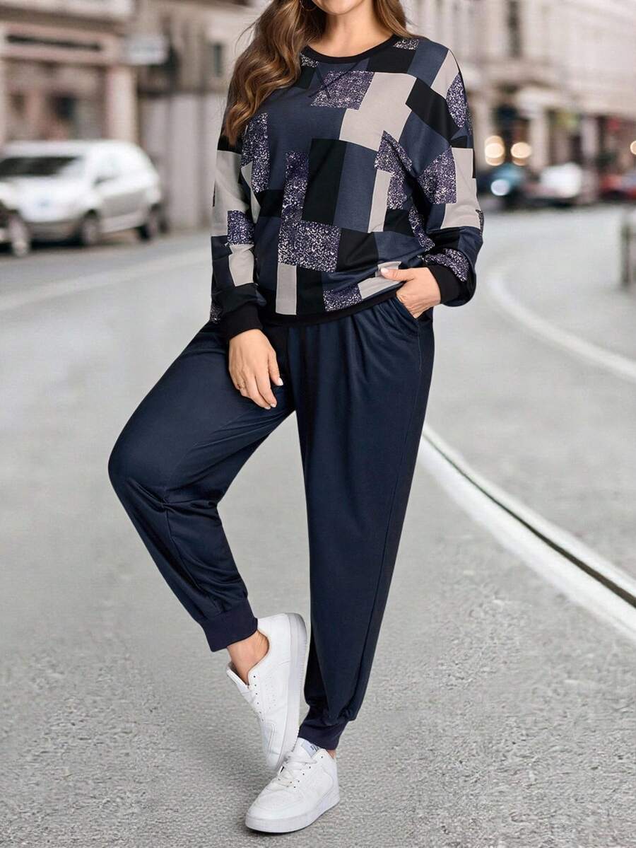 EMERY ROSE Plus Size Casual Color Block Round Neck Long Sleeve Top And Pants 2 Pieces Set,Navy Blue,Autumn,Smart Casual,Everyday Winter Christmas Lounge Outfit - Multicolor - View 1
