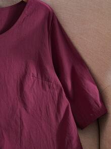 EMERY ROSE Camisa de estilo campestre asimétrica color vino tinto para tallas grandes, ropa de otoño - Burdeos - Ver 7