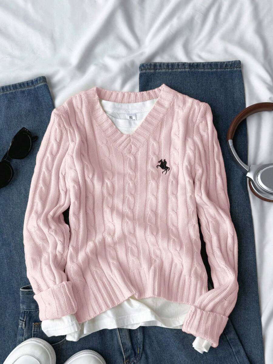 SHEIN 少女简约刺绣装饰长袖粉色毛衣 秋冬款 - 粉色 - 查看 1
