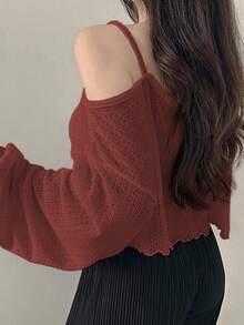 DAZY 女士休闲不对称领纯色长袖 T 恤，秋季服装短款女式上衣 - 酒紅色 - 查看 4