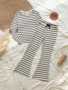 Vintaside Kids 青少年女孩休闲条纹T恤和裤子套装，秋季 - 黑與白 - 查看 3