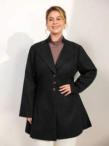 SHEIN Tall Mantel Panjang Wanita Ukuran Besar dengan Kerah Ramping dan Warna Polos - Hitam - View 6