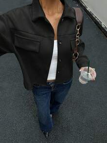 Siren Gaze Áo khoác ngoài cài nút phía trước có chi tiết vạt thả vai cho mùa thu/đông - màu đen - Xem 3