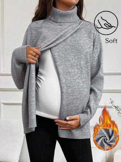 SHEIN Graviditets Casual Enfärgad Polotröja med Omlottkrage Amningströja, Höst/Vinter