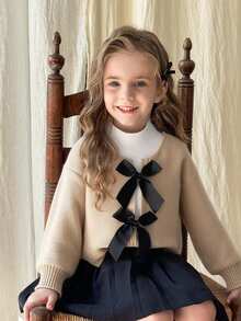 LMoss Kids 少女基本款长袖蝴蝶结开衫，宽松版型 - 卡其色 - 查看 7