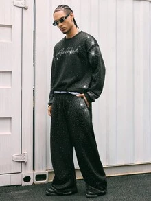 AXEPEAK Men's Fashion Rhinestone Embellished Sweatshirt And Sweatpants Clothes Set, For Fall Winter - Black - View 4