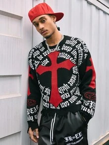 AXEPEAK Men's Casual Crew Neck Drop Shoulder Letter & Cross Graphic Sweater, Autumn/Winter - Multicolor - View 5