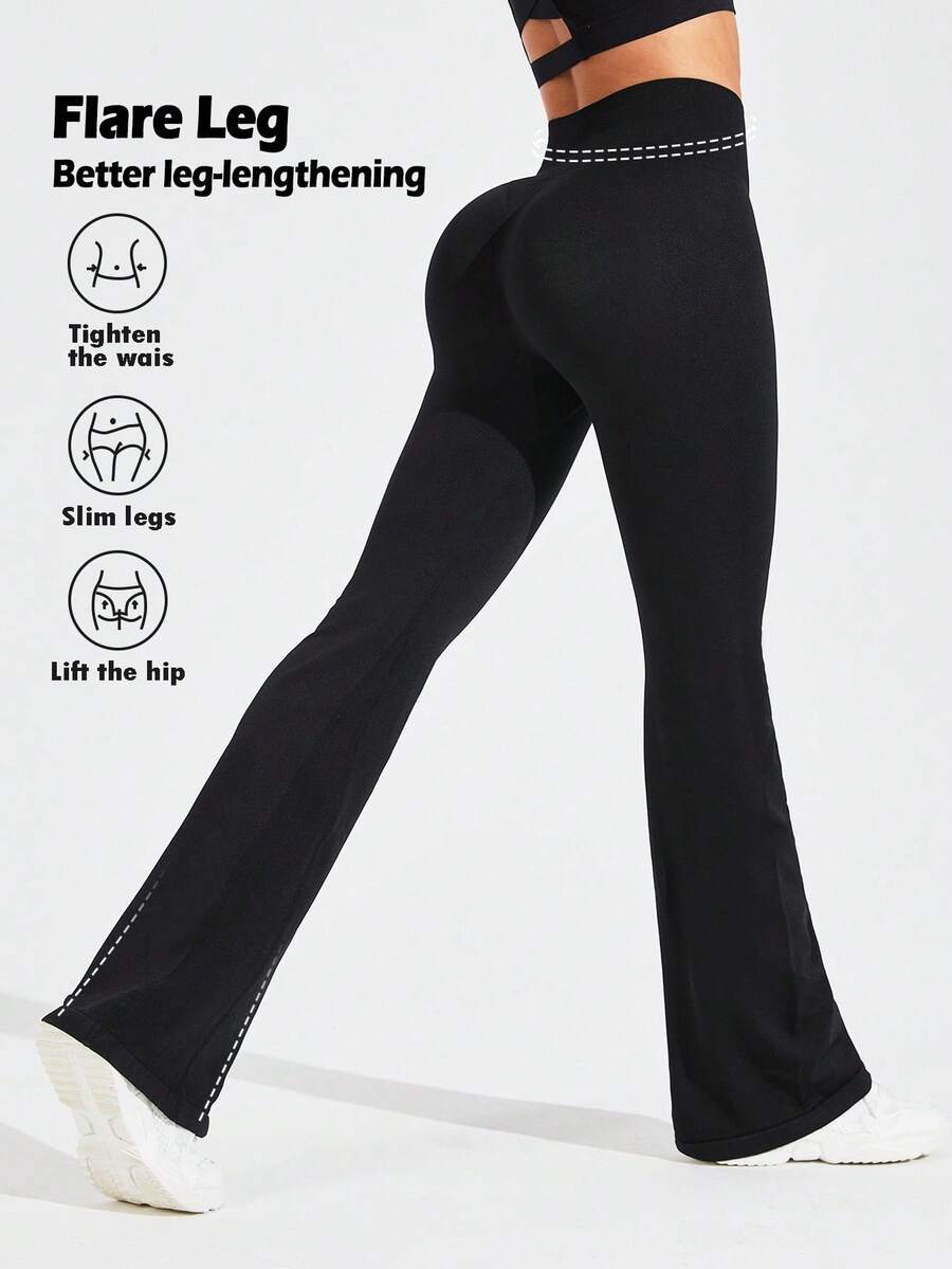 Activina Solid Color High Waisted Elastic Flared Pants, Sportswear - Black - View 1