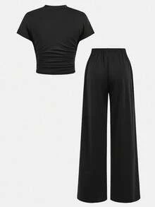 SHEIN 少女春夏纯色黑色立体压花字母图案针织圆领休闲宽松短袖T恤上衣休闲宽松长裤套装,校服,基础款,日常款,适合各种场合,返校,校园风 - 黑色 - 查看 2