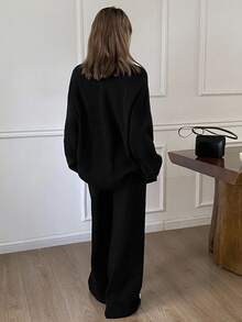 Livesso Women's Casual Business Loose Knit Pullover Sweater And Straight Leg Pants 2 Pieces Set, Minimalist Black, Suitable For Office Wear In Autumn And Winter - Black - View 5