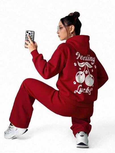 Sparklyn 2pcs/Set Casual Sports Outfit For Teen Girls, Cherry & Letter Print Hoodie Sweatshirt + Loose Fit Thermal Lined Hoodie And Long Sweatpants Set Fall Winter