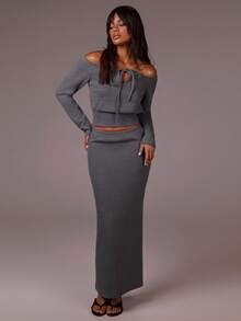 Athîral 女士纯色露肩上衣和裙子两件套 - 灰色 - 查看 3