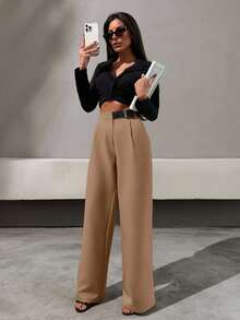 EURMUSE Elegant Style, Half Faux Leather Belt Detailed Straight Fit Pant - Mocha Brown - View 7