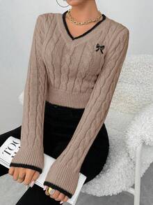 EMERY ROSE Autumn/Winter Fashion Butterfly Embroidery V-Neck Cable Knit Women Pullover Sweater - Camel - View 4