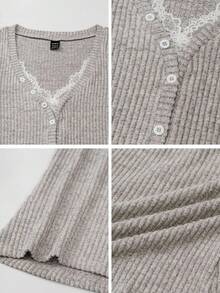 Zielony 女士休闲针织V领蕾丝拼布纽扣装饰长袖秋冬上衣