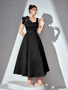 Poshira 女士 3D 花朵装饰方领无袖优雅晚礼服、派对礼服、婚礼宾客礼服、舞会礼服 - 黑色 - 查看 3