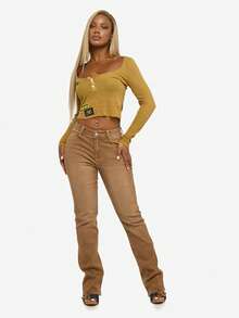 SUMWON WOMEN 棉质高腰直筒弹力牛仔裤复古经典靴型剪裁秋冬叠穿全长修身办公室休闲裤 - 棕色 - 查看 7