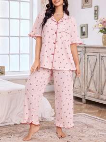 CottageSlumber Plus Size Women Cherry Plaid Print Pocket Ruffle Trim Short Sleeve Pajama Set, Spring/Summer/Autumn - Multicolor - View 4