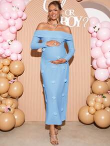 Loomaby 孕妇3D花卉装饰露肩连衣裙，蓝色 - 淺藍色 - 查看 5