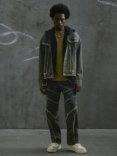 Manfinity EMRG Men's Retro Fringe Denim Jacket And Wide Leg Pants 2 Pieces Set Punk Vintage Washed Slim-Fit Party Street For Thrashed Denim, Fall Clothes