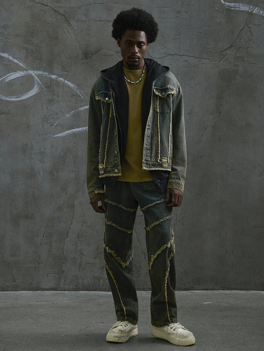 Manfinity EMRG 男士复古流苏牛仔夹克和阔腿裤两件套朋克复古水洗修身派对街头破洞牛仔秋装